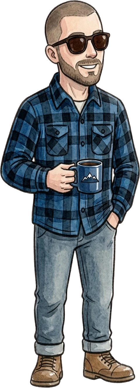 Illustration of Jason in a blue flannel shirt, holding a camp mug