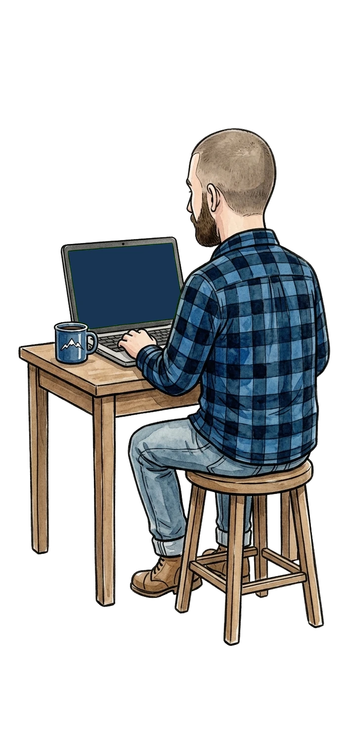 Illustration of Jason from behind, working at a laptop